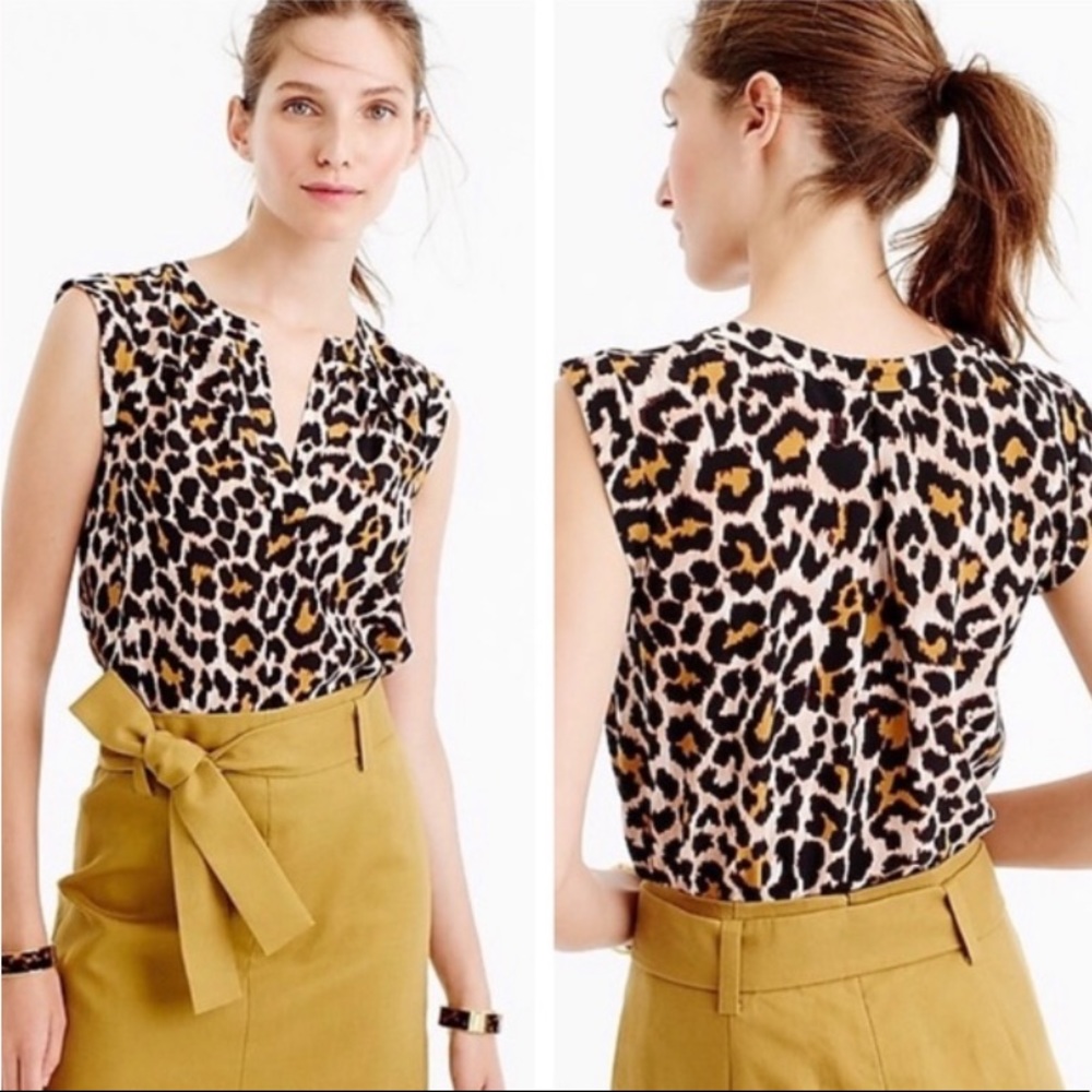 J. Crew Leopard Print Cuffed Sleeve Silk Top